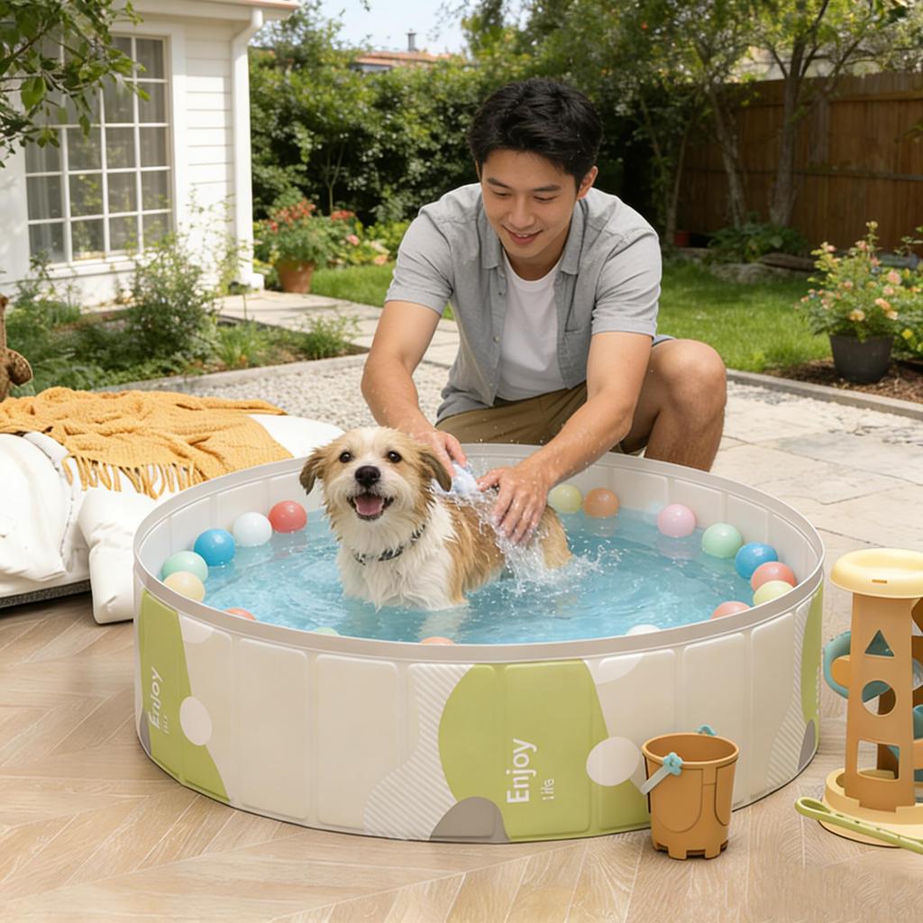 Hyindoor Foldable Pet Pool, No Inflation Required, 8020cm, for Dogs and Cats, Water PlayShower, Heat Protection, Easy Storage, Vinyl Pool for Home