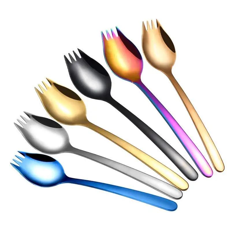Fork Spoon 2 In 1 Colorful Rainbow Bento Accessories High Quality Stainless Steel Fruit Fork Dessert Forks for Cake Snack Salad