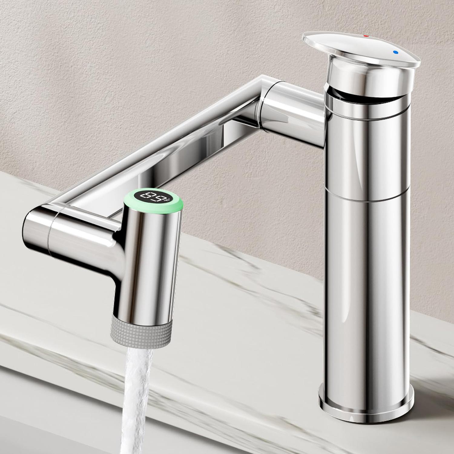 Bathroom sink faucet, single hole, with temperature display, height adjustable, 1080° rotation