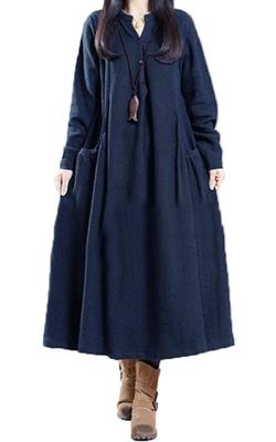 Złoty Koreański Sukienka Damska Plus Size Długi Rękaw Jednolita 5L, Bawełna Odporna na Zmarszczki, Kolor, Kieszenie, Styl, Goldy-884, Granatowy,