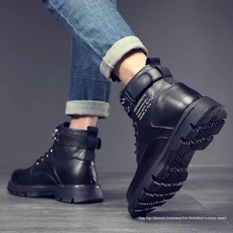Pánské černé vysoké motocyklové kožené boty v britském stylu na jaro a podzim, pracovní obuv.