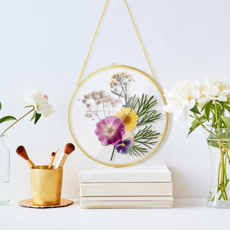 Circular Metal Glass Photo Frame Wall Hanging Natural Dried Flower Holder Display Frame For Living Room Decoration