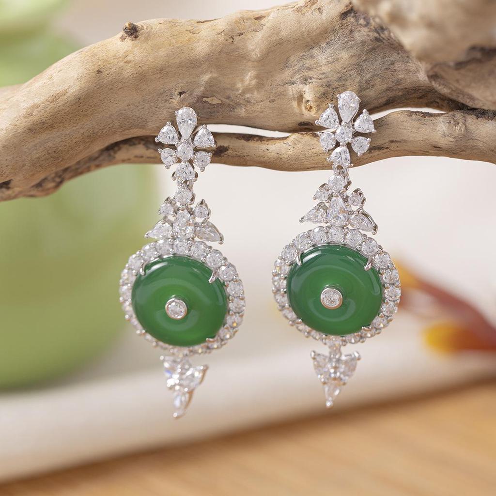 Rui Diamond Jewelry S925 Silver Gold-Plated Green Chalcedony Peace Buckle Earrings - Ideal Gift for Mom