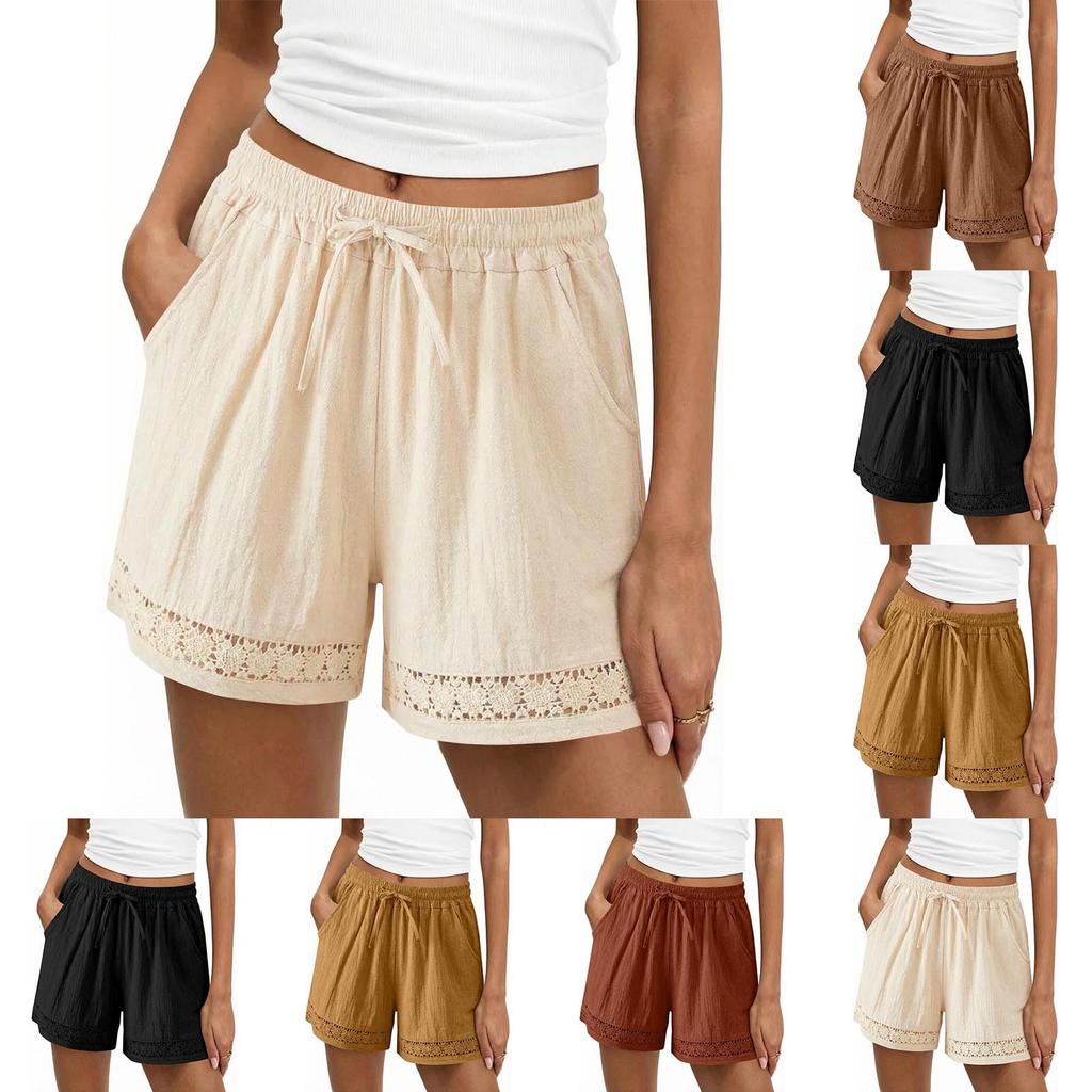 Women's Fashionable Casual -Colour Vintage-Inspired Lace-Up Cotton-Linen Blend Shorts With Drawstring Waist