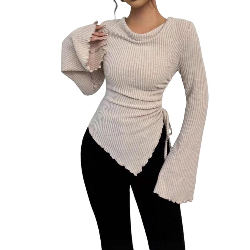 Women's Fashionable Casual Long,Sleeved Color Irregular Hem Flared Sleeves Drawstring Design Slim Fit Pullover Round Neck T,Shirt Top