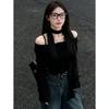 American Black One-Shoulder Ribbed Fleece Long-Sleeve Slim-Fit Women's T-Shirt - New Autumn Design