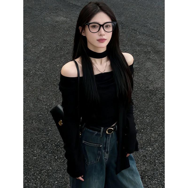 American Black One-Shoulder Ribbed Fleece Long-Sleeve Slim-Fit Women's T-Shirt - New Autumn Design