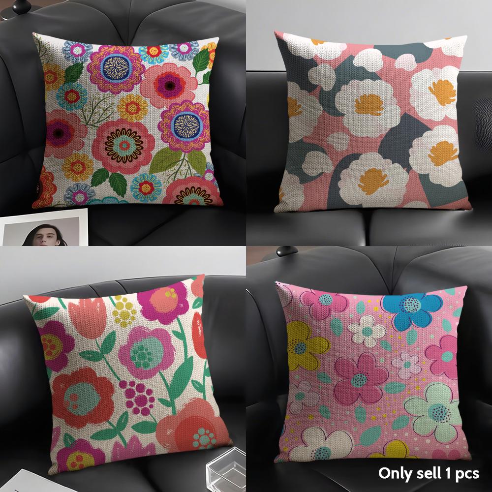 Colorful Flowers Cushion Cover Summer Breathable Linen Organic Fabric Double-Sided Printing Sofa Pillow Case Home Decor