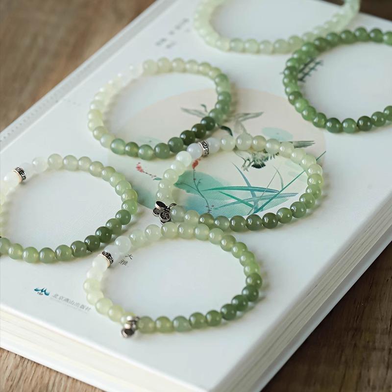 Natural Hetian Jade Gradient Bracelet In Blue and White, New Chinese Style, Artistic Retro Design, "Peace Every Year" Pure Silver Fortune Charm