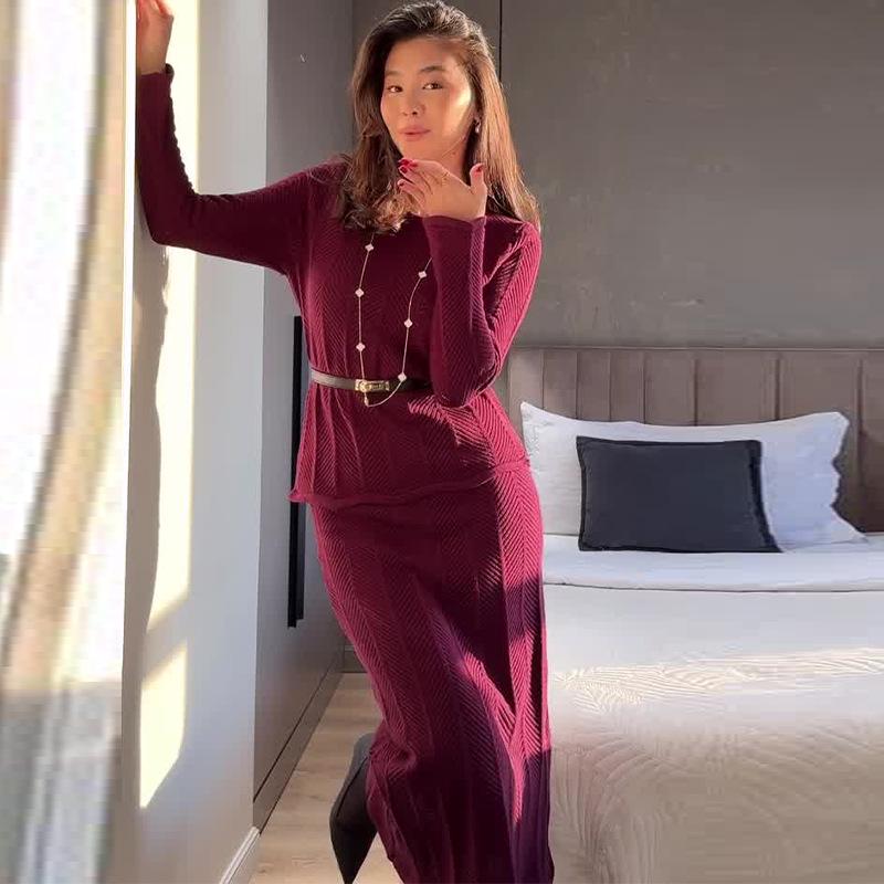 2024 Autumn/Winter Women's Solid Color Sweater and A-Line Midi Skirt Two-Piece Set