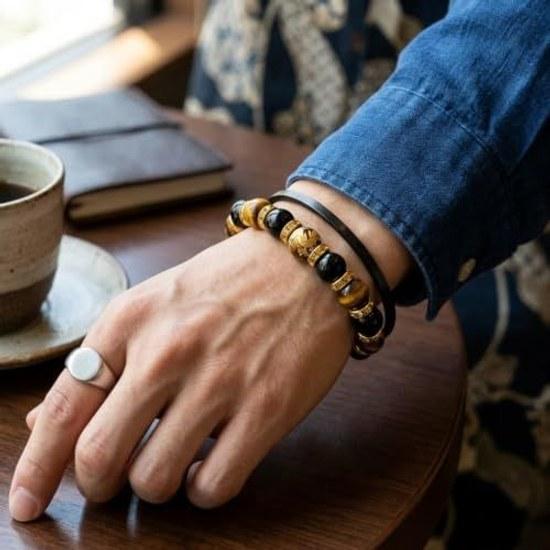 Four Guardian Beasts Bracelet Tigers Eye Gold Engraving 12mm Black Onyx Natural Stone Power that enhances work luck success Want enhance overall life