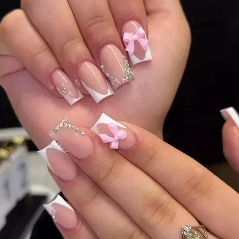 24 Piezas de Uñas Francesas Cuadradas Cortas Postizas Rosadas Acrílicas con Lazo de Perla Puntas de Uña de Cobertura Completa Extraíbles