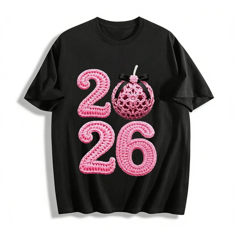 

2026 New Year Pink Crochet Style Number Apple Print Casual Top Pure cotton T-shirt XXS