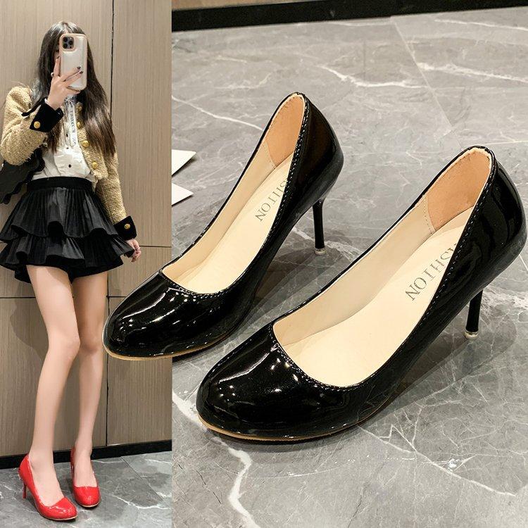 Fashion 8.5cm Women Pumps Shoes Women PU Leather Shallow Slip-On Round Toe High Heels Wedding Party Derss Shoes Mujer Plus Size 41 42 43