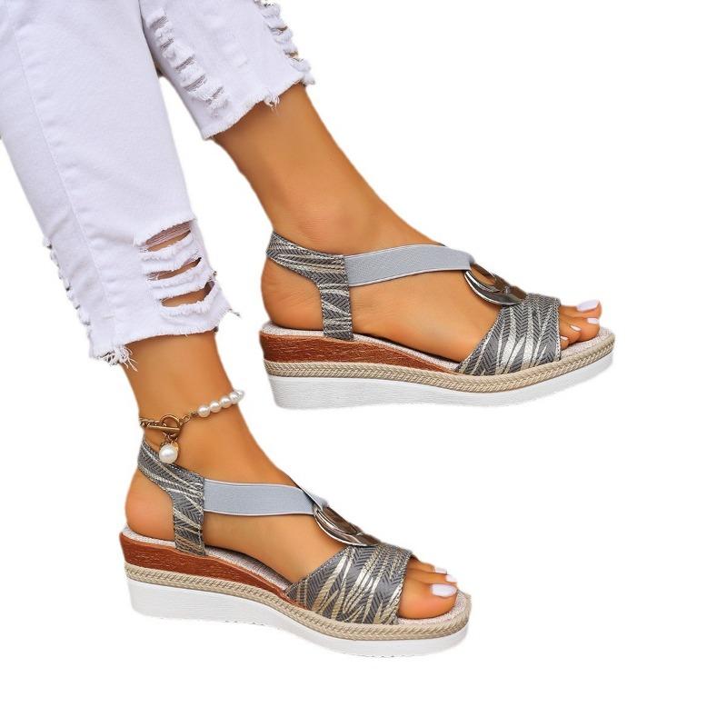 Damskie sandały buty letnie metalowa klamra koturny lekkie sandały z odkrytymi palcami