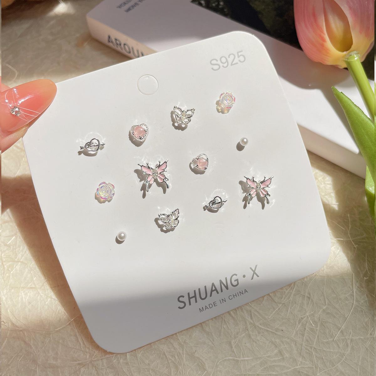 

Elegant Butterfly Flower Earrings: 6-Piece Silver Needle Set for Women