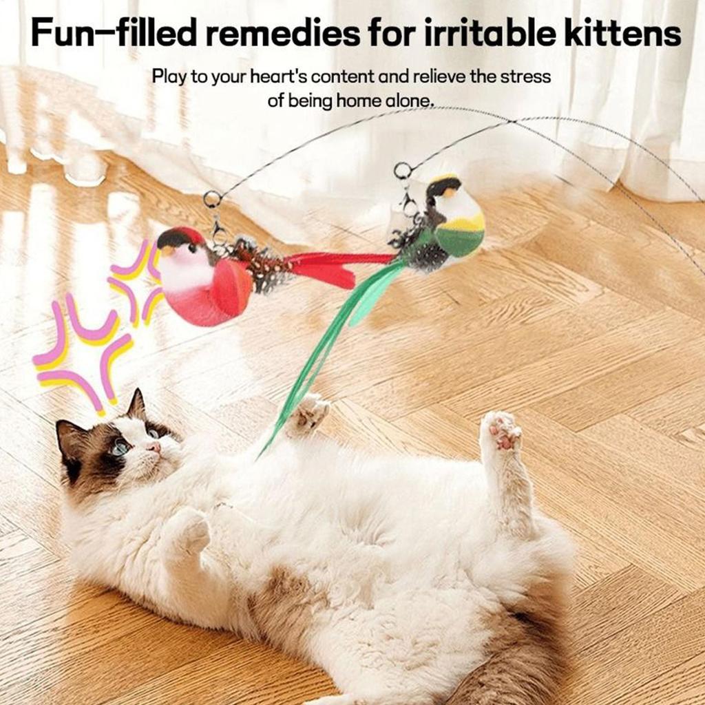 Simulated Bird Cat Teaser Stick with Bell Suction Cup Double Pole Teaser Cat Wand Long Pole 2 Birds Teasing the Cat Toys