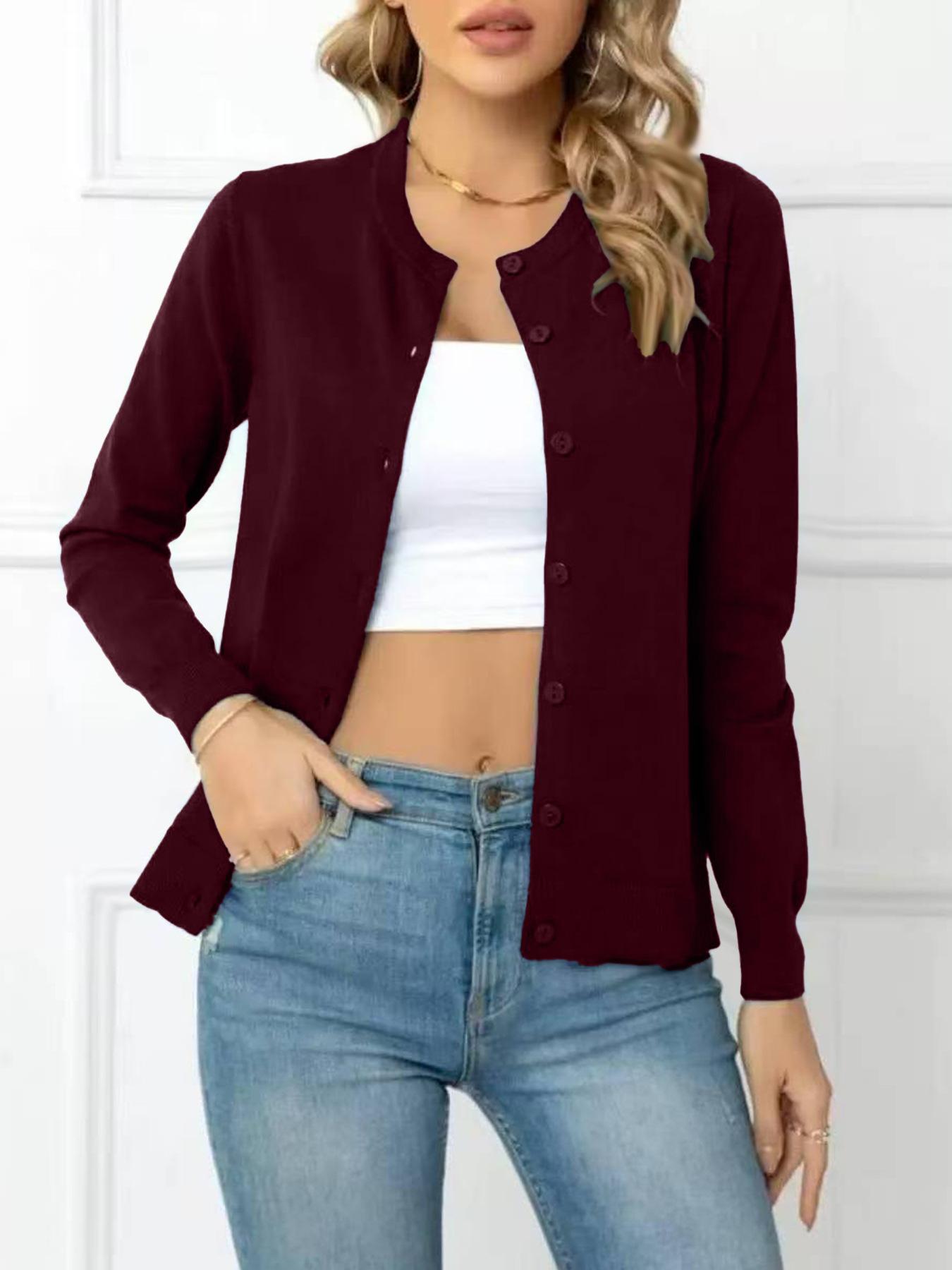 

Cardigan jacket New knitted slim-fit crew neck green top Long-sleeved slim sweater Fashion short coat XXL бордовий