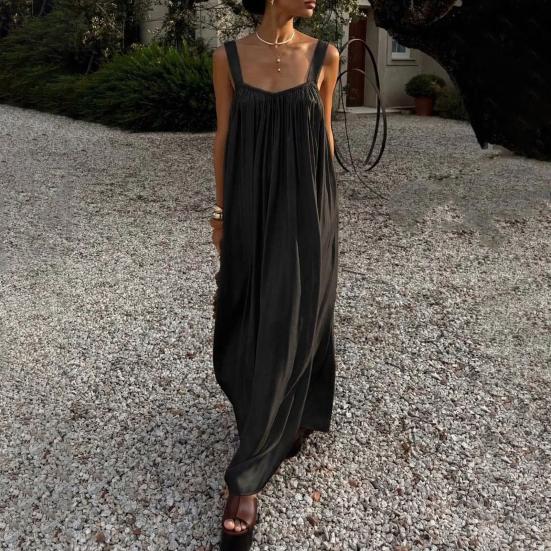 Women Summer Dress Sleeveless Spaghetti Strap Pleated Maxi Dress Beach Vacation Loose Flowy Sundress