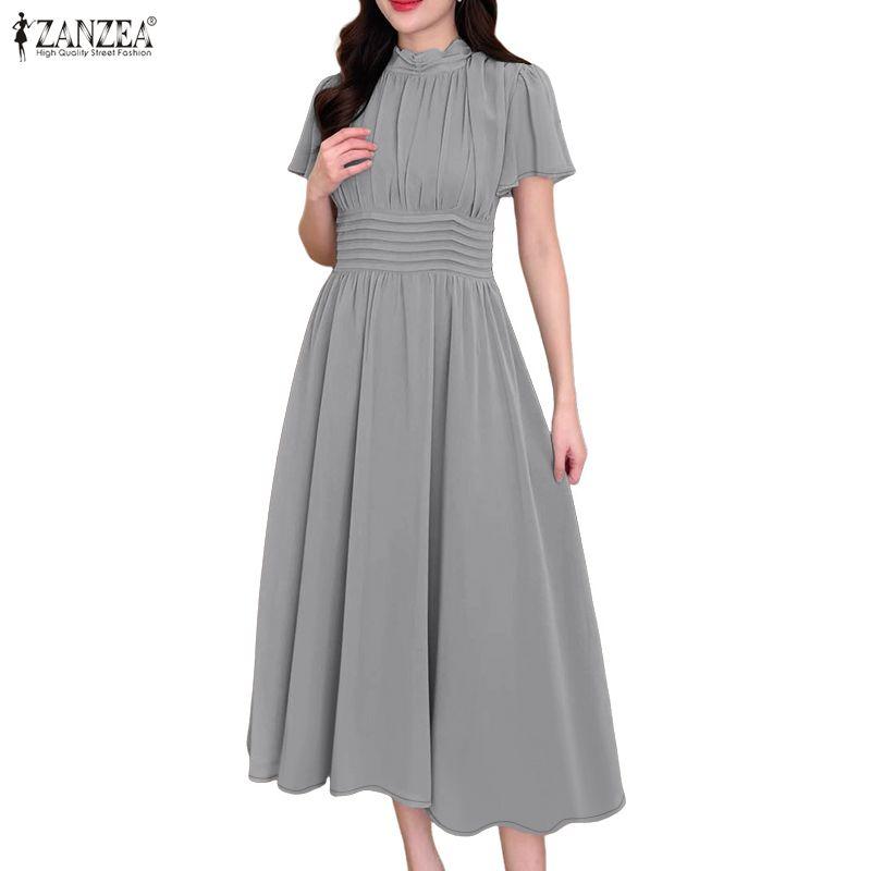 ZANZEA Women Casual Stand Collar Solid Color Summer Short Sleeve Dress