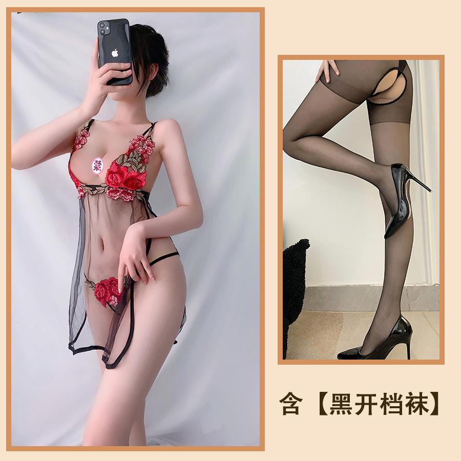 Sexy Lingerie Sexy Suspender Split Nightdress Rose Embroidered Lace Mesh Seduction Nightdress Salesian Suit