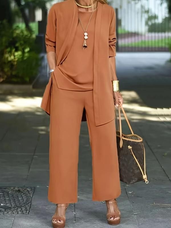 

Women s Brown Long Cardigan Set with Wide Leg Pants, Casual Loungewear Outfit, Matching Top and Bottom, Plus Size Available XXL хакі