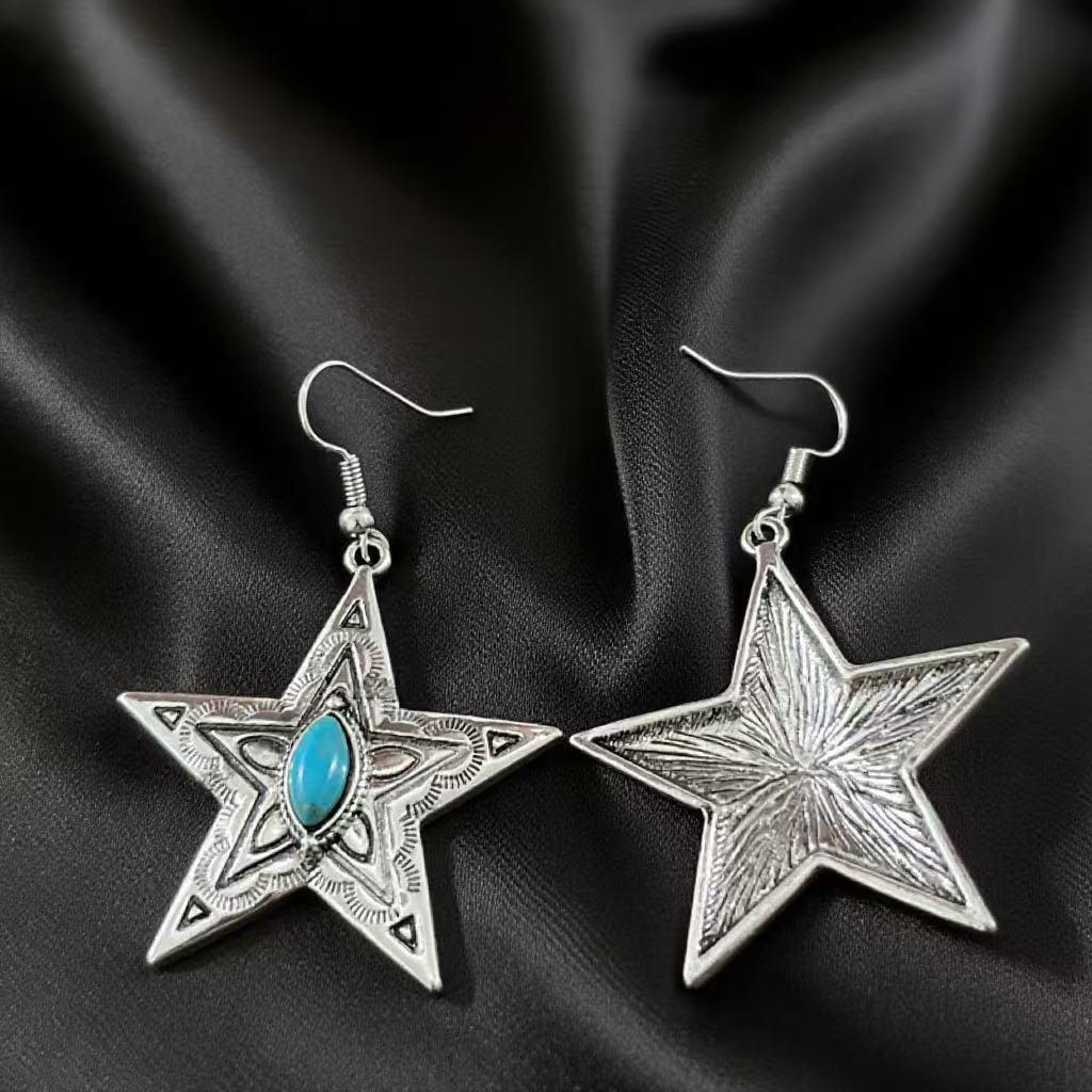 Turquoise Tribal Carved Starfish Earrings, Antique Silver-Plated Zinc Alloy, Retro Style Jewelry.