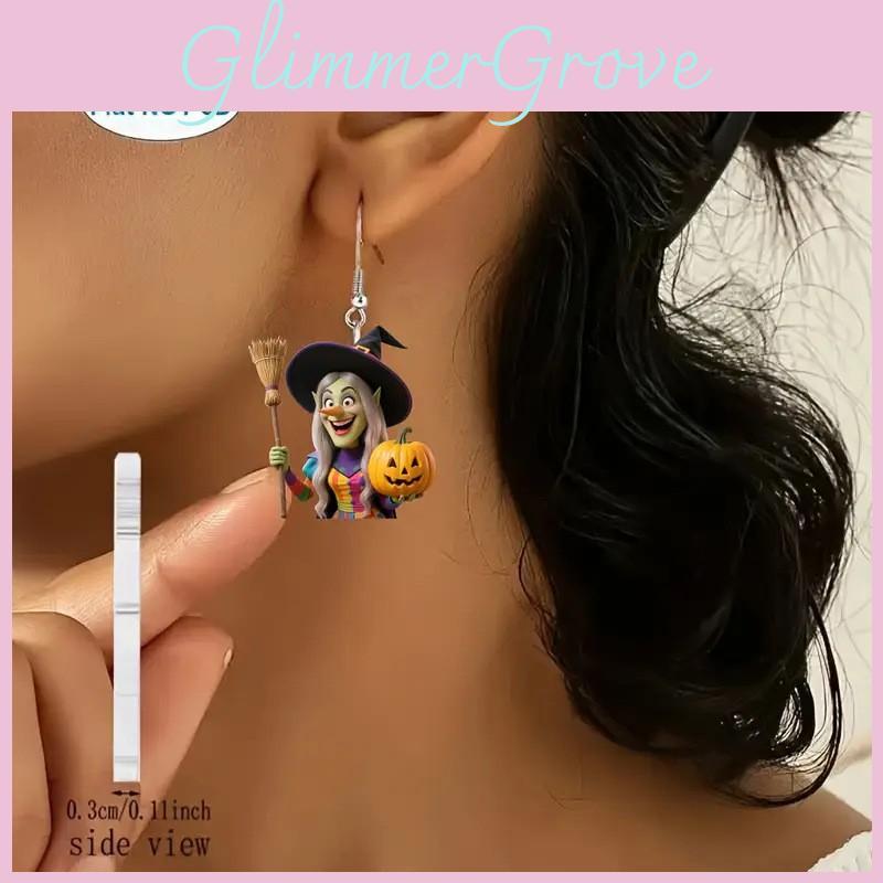 Halloween Theme Witch Broom And Pumpkin Pattern Women Earrings For Women Holiday Party Decor