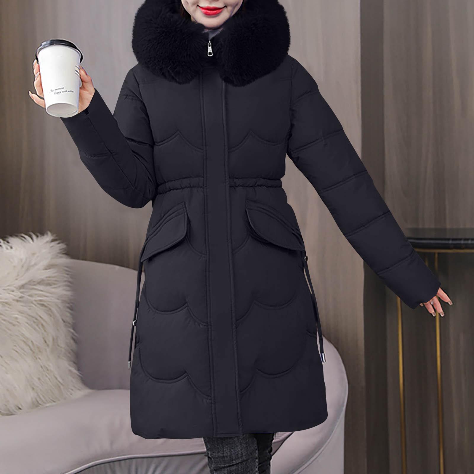 

Женская модная повседневная однотонная хлопковая куртка с капюшоном и плюшевой застежкой-молнией и пуговицами средней длины с длинными рукавами L чёрный