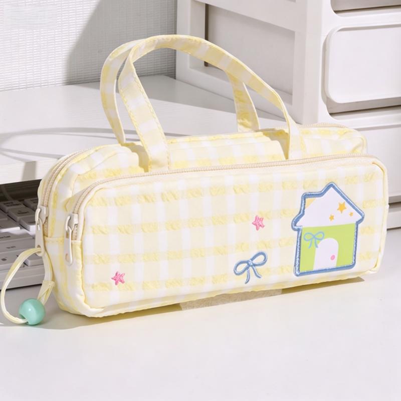 Cute Checkered Pencil Case, Quilted Handheld Stationery Bag with Cute House Embroidery