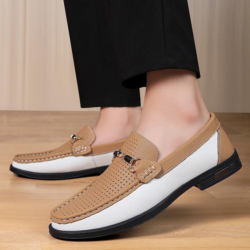 Men's Comfortable Breathable Hollow Out Driving Shoes Spring Summer New Cow Leather Shoes Business Style Slip-On Casual Loafers