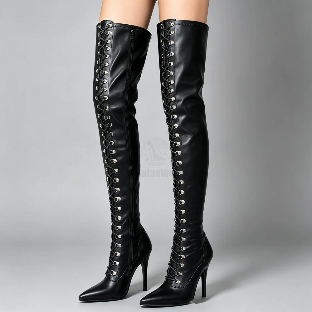 Overknee-Stiefel JIALUOWEI 12CM High Heel Fetisch Schnürung Reißverschluss Schritt Flex Matt PU Oberschenkelhohe Stiefel