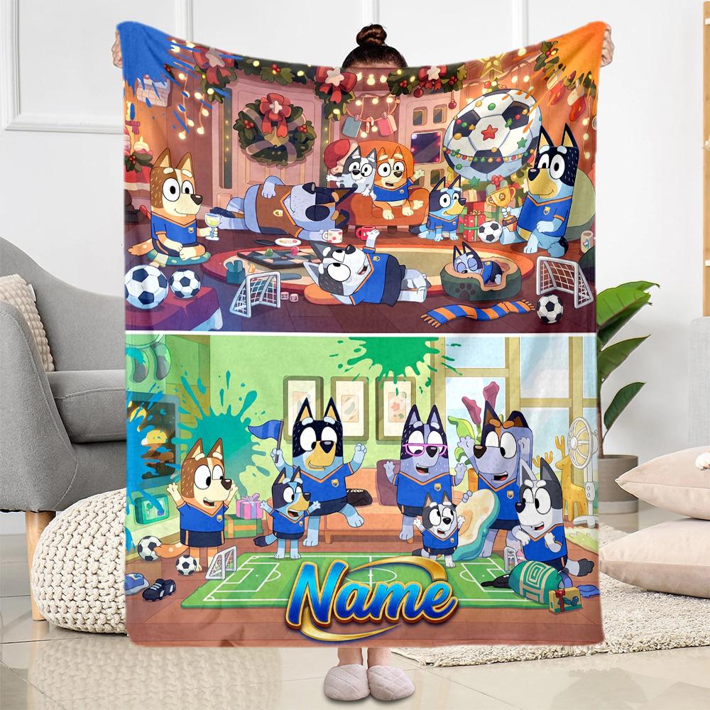 Bluey's Soccer Fun Personalized Text Blanket Cozy Personalized Blanket Durable Comfort Perfect for Couch Living Room Livingroom Bed