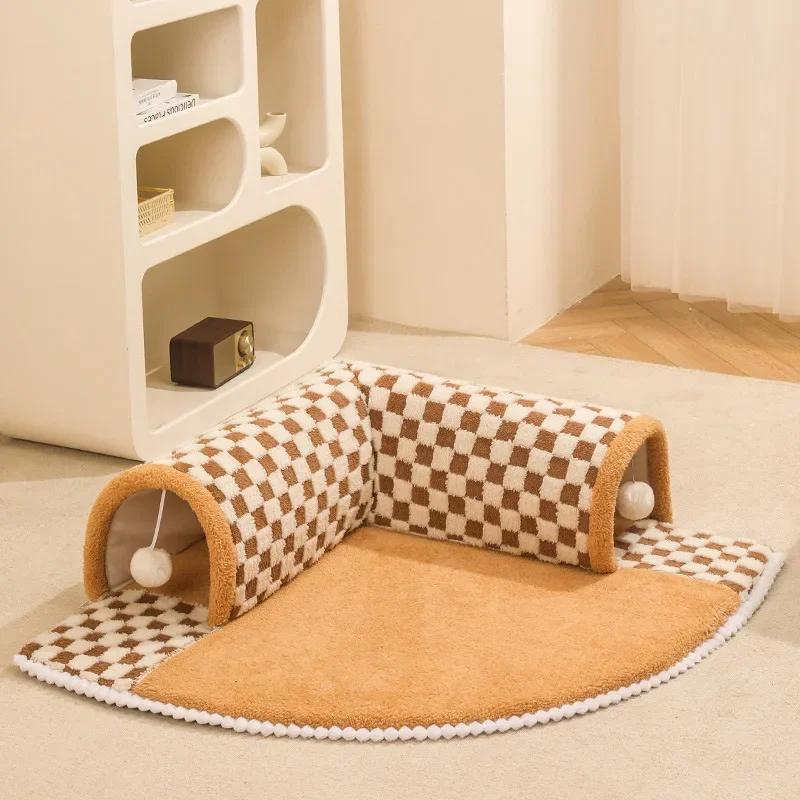 2-in-1 Cat Tunnel Bed Tunnel and Mat Dog House Bed Foldable Tunnel Tubes Toy House Warm Scratching Ball Pet Play Accessories