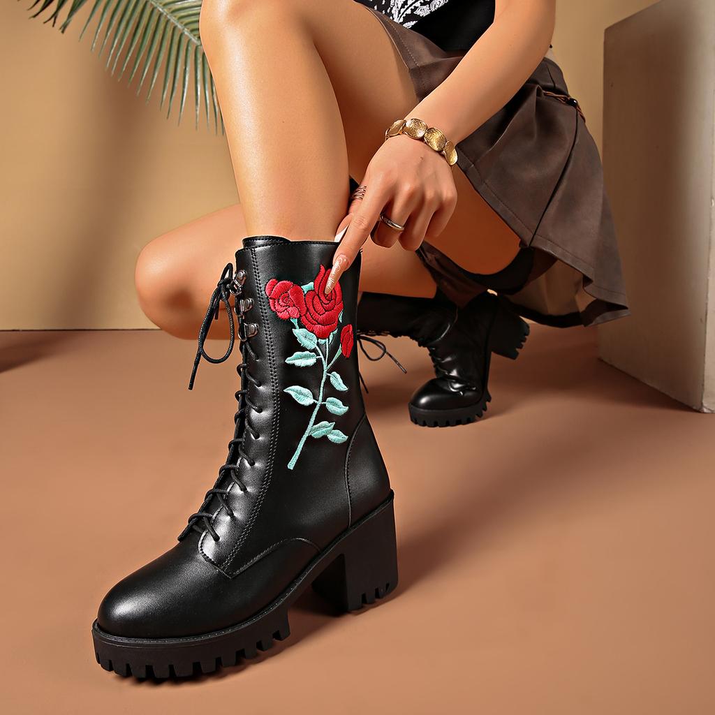High heel thick heel embroidered medium tube Martin boots women's autumn and winter new thick-soled waterproof table spring and autumn single boots
