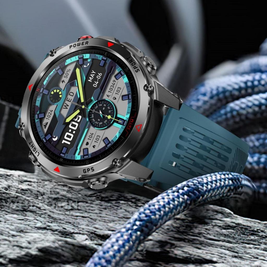 Rainbuvvy HT37 GPS Smartwatch 1,46 Zoll IPS-Bildschirm Bluetooth-Anruf IP68 Wasserdicht Taschenlampe Herzfrequenz 540mAh Android Sportuhr