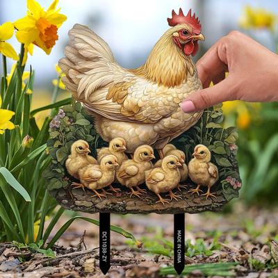Hen and Chicks Garden Stake Potted Plant Decorative Prop 2D Flat Sign Waterproof Animals Shape