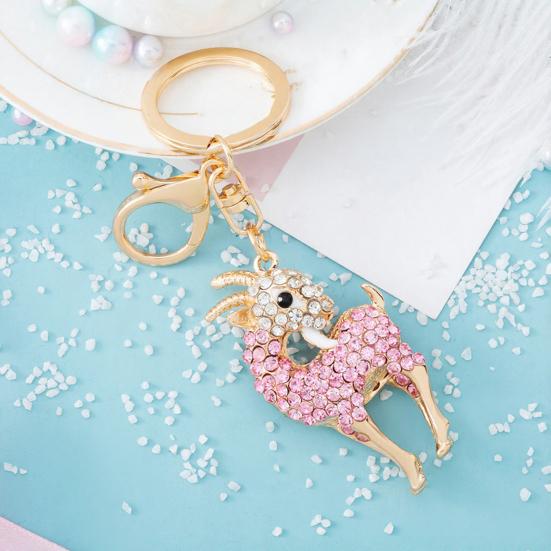 Keychain Alloy Electroplated Three-Dimensional Goat Key Chain with Colorful Rhinestones Lobster Clasp Key Ring Bag Accessories
