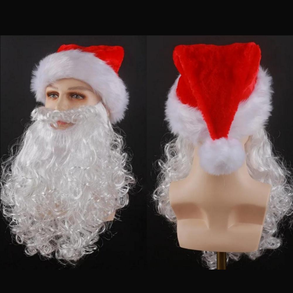 3 buc/set Sac mare de cadou Moș Crăciun din catifea roșie, Bărbi sintetice crețe Moș Crăciun, Pălărie Moș Crăciun pentru adulți Set de recuzită pentru cosplay pentru petrecerea de Crăciun
