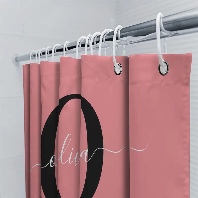 Custom Name Bath Shower Curtain For Kids Girls Bedroom Decor Pink Color With Black 'O' Letter Design By Olivia (Len