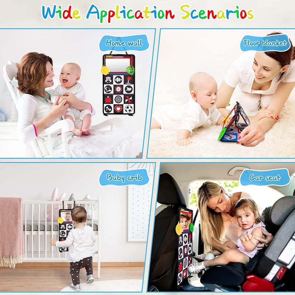 Babyspielzeug, Baby-Stoffbücher mit Spiegel, faltbarer Babyspiegel mit schwarz-weißem Kontrastmuster, Babybücher, Kinderwagenspielzeug von 0–12 Monaten, Geschenk für Jungen und Mädchen