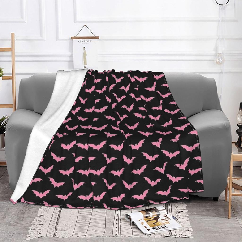 Pink Bat Halloween Goth Blankets Flannel Spring Autumn Multi-function Super Soft Throw Blanket for Bedding Couch Rug Piece