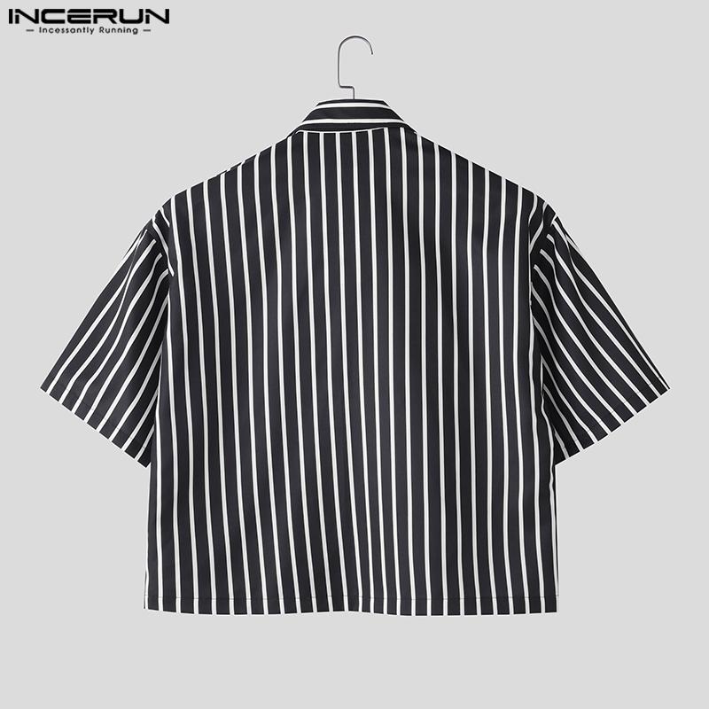 INCERUN Cămăși scurte casual de vară pentru bărbați, supradimensionate, cu guler cu rever, mânecă scurtă, florale, cu dungi