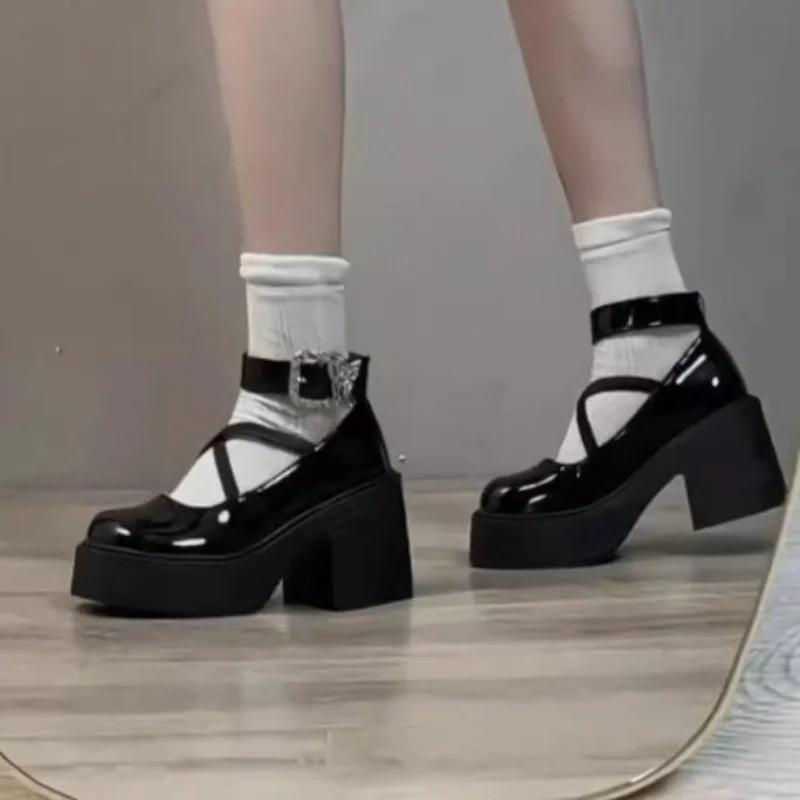 Damskor Nytt Mode Rund Tå Dam Högklackar Höst Mary Jane Knapp Enfärgad Klänning Tjock Sula Tjock Klack