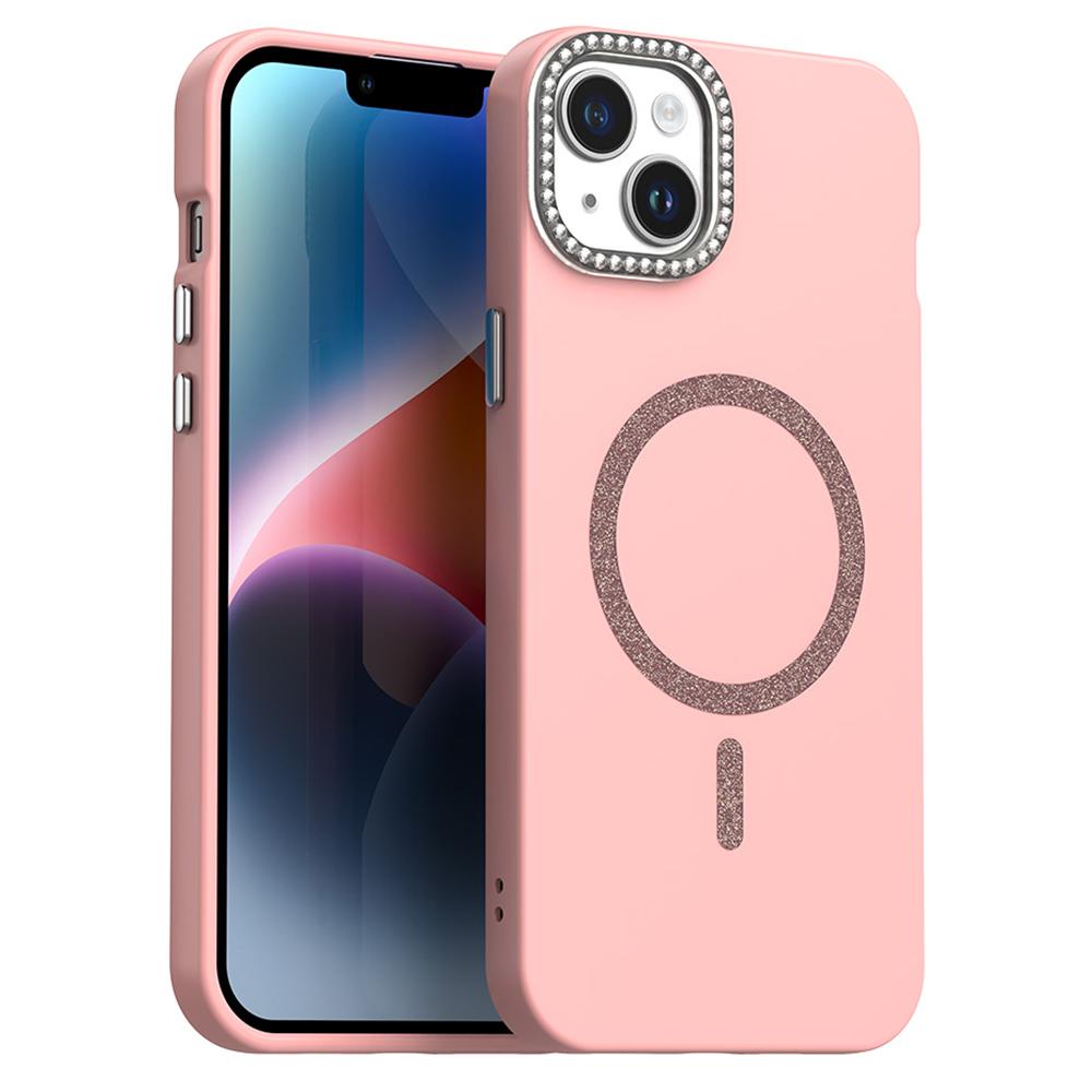 For iPhone 15 Plus/14 Plus Case Compatible with MagSafe TPU+PET Phone Cover with Rhinestone Decor Lens Frame