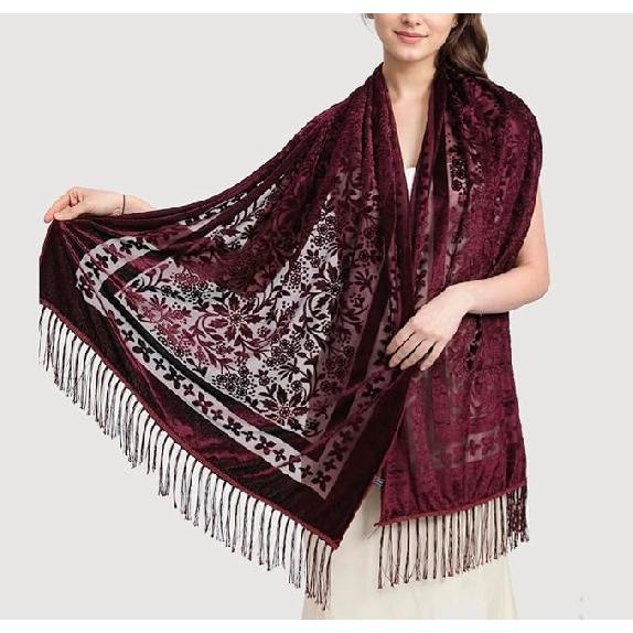 190*70cm Women's Velvet Vintage Floral Rose Shawl Wrap,Sheer Mesh Lace Scarf with Tassels, Evening Shawl for Party