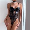 European & American Nightclub Hot Girl PU Leather Mesh Lace-up Backless Bodysuit