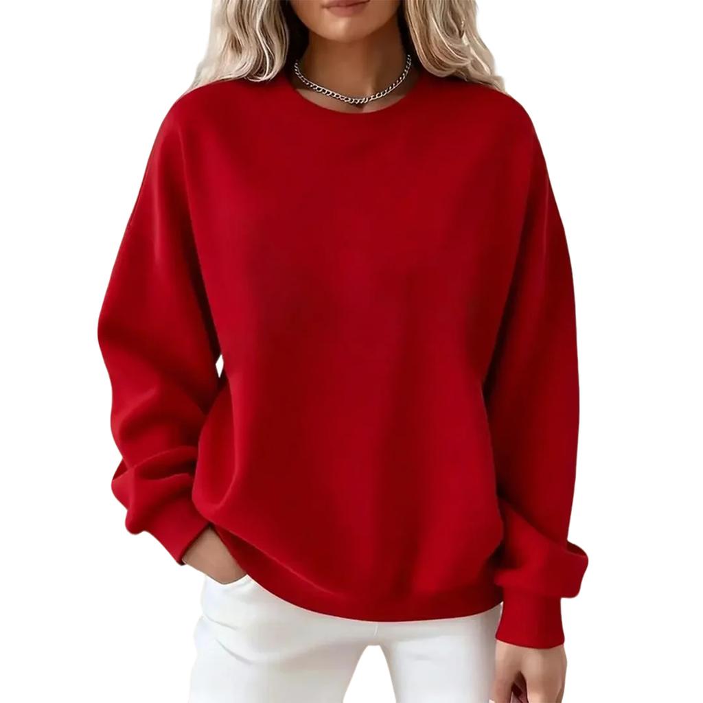 Women's casual and fashionable loose solid color pullover long sleeved sweatshirt