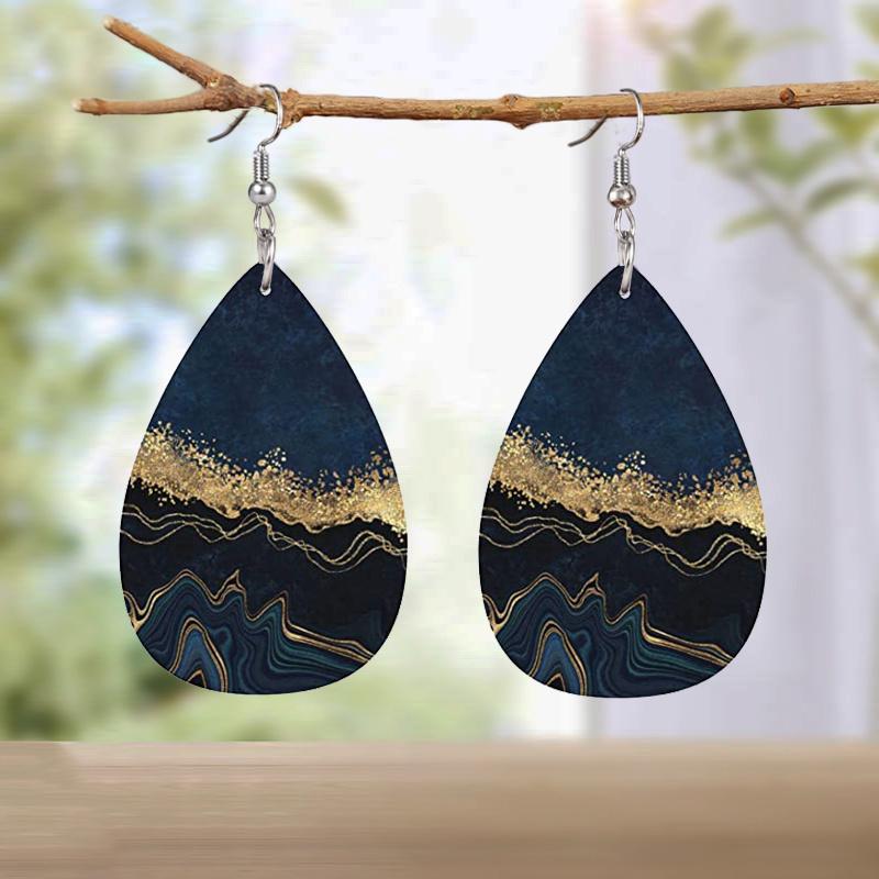 Abstract Ocean Beach Marble Pattern PU Faux Leather Earrings Women's Classic Water Drop Earrings Lightweight Fashion Earrings