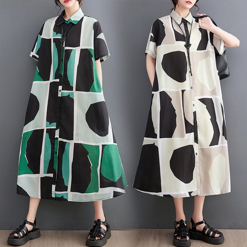 DIMANAF Plus Size Loose Dress Printing Women 2025 New Summer Casual Buttons Basic Style Shirt Dress Maxi